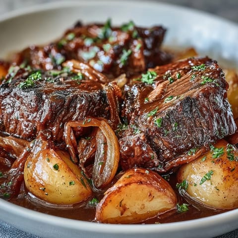 Savory onion soup mix pot roast recipe, juicy chuck roast with carrots and potatoes slow-cooked to perfection.  
