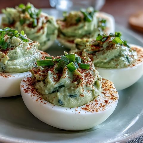 Creamy avocado deviled eggs garnished with smoked paprika and fresh chives, served as a colorful party appetizer.  