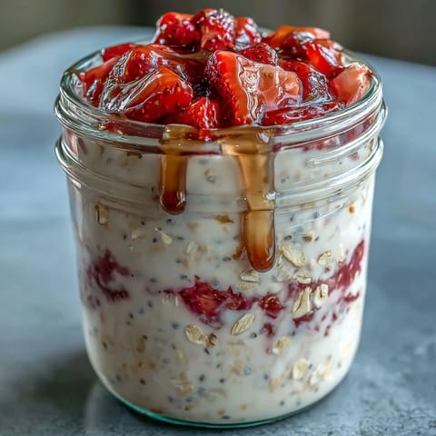 A jar of creamy strawberry vanilla protein overnight oats with fresh strawberries and chia seeds, perfect for a healthy, make-ahead breakfast.