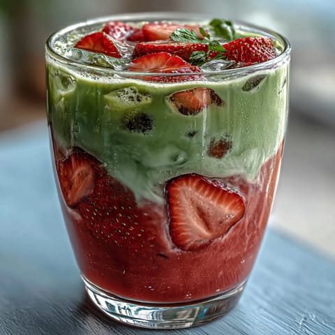 A vibrant glass of dairy-free strawberry matcha iced latte with coconut milk, featuring a layered look of fresh strawberry purée, creamy coconut milk, and frothy green matcha.