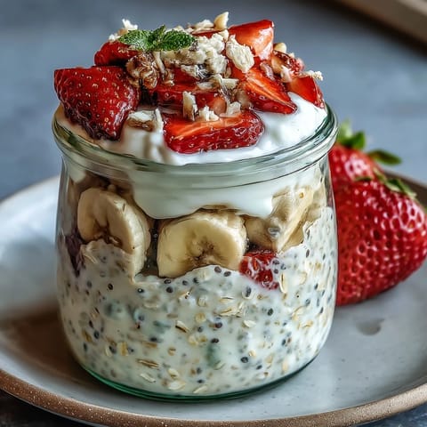 Nutritious strawberry banana overnight oats layered with Greek yogurt and chia seeds, perfect for busy mornings.  