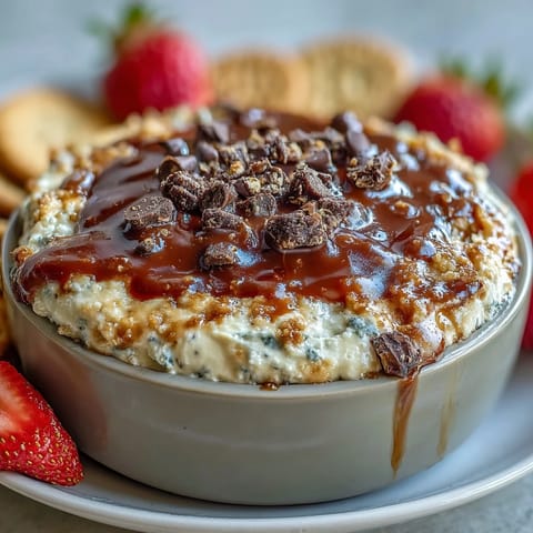 Creamy cottage cheese cookie dough dip with chocolate chips served alongside fresh strawberries and apple slices for a healthy, protein-packed treat.  