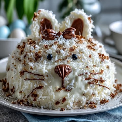 Moist vanilla cake shaped like a bunny, frosted and finished with a sparkling gold sprinkle coat.  