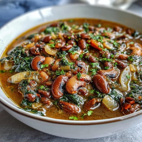 A steaming bowl of Soul Food Black-Eyed Pea and Collard Green Stew with tender greens and smoky, hearty flavors.