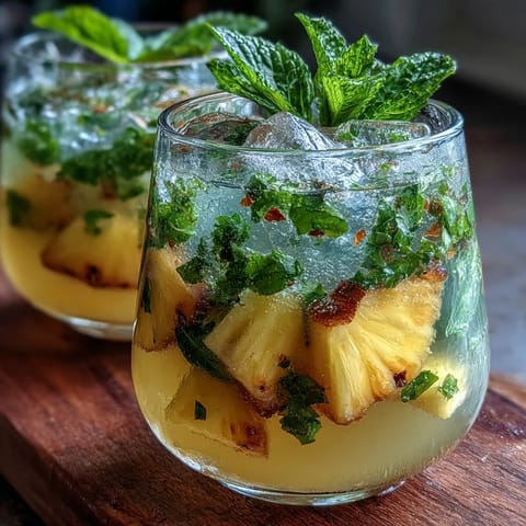 Refreshing pineapple basil agua fresca with juicy pineapple chunks, aromatic basil, and a hint of lime, served over ice for a cooling summer drink.