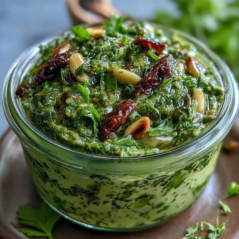 Bright and aromatic dandelion pesto featuring garlic and pine nuts, perfect as a spread or dip for Italian-inspired dishes.
