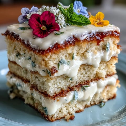 Elegant spring cake with lemon curd and pressed edible flowers on top, perfect for seasonal celebrations and light desserts.