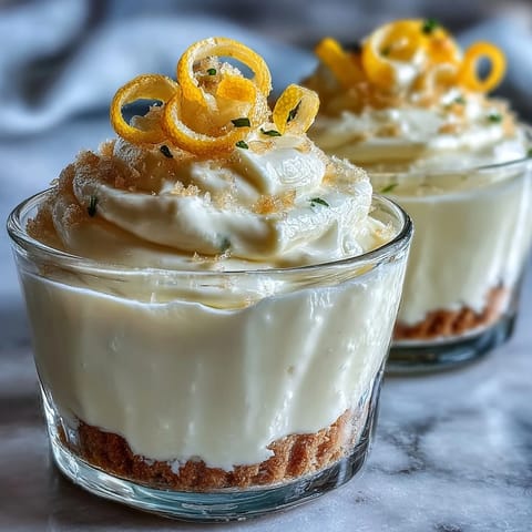 Delightful individual lemon mousse cups paired with crisp shortbread cookies, garnished with fresh berries and lemon zest curls for a vibrant finish.  