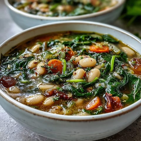 Creamy Tuscan white bean and spinach soup with tender vegetables, aromatic herbs, and a hint of olive oil, perfect for a light summer meal.