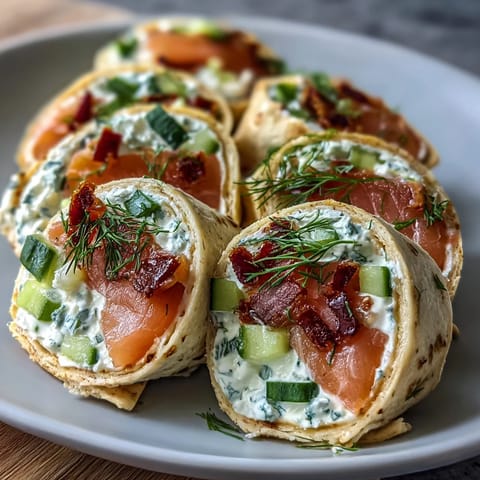 Elegant Smoked Salmon & Cucumber Cream Cheese Pinwheels—a perfect party appetizer with layers of smoked salmon, cucumber, and herbed cream cheese.