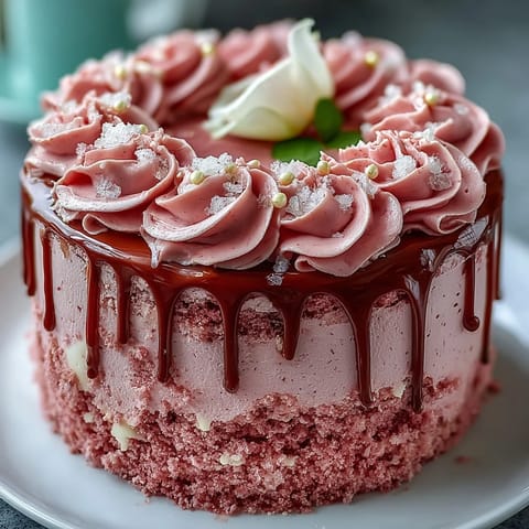 Delicate pink Bridal Shower Rosé Velvet Cake with elegant dripping gold.