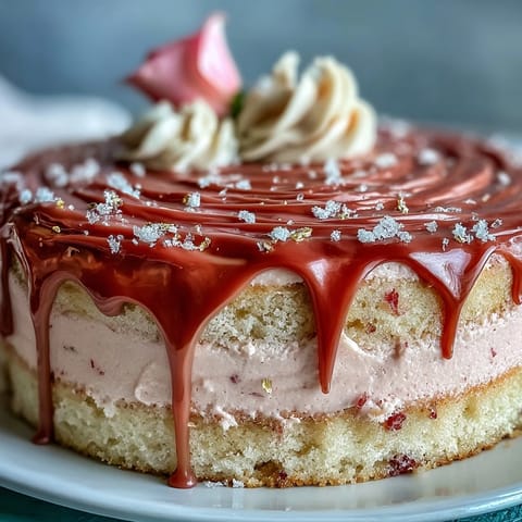 Elegant Bridal Shower Rosé Velvet Cake with shimmering gold drip.