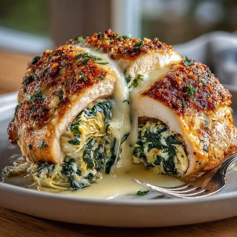 Easy weeknight meal: Cheesy Spinach &amp; Artichoke Stuffed Chicken, steaming, garnished with parsley.