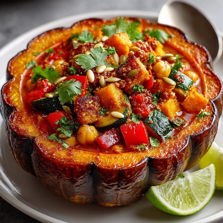 Wholesome Cauldron Curry: a vibrant vegetable and chickpea stew served inside baked pumpkin.