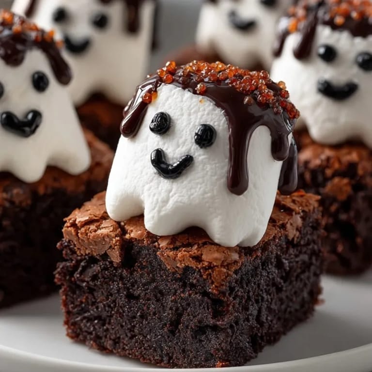 Homemade Marshmallow Ghost Brownies: Rich, dark, and decorated with ghostly white figures.