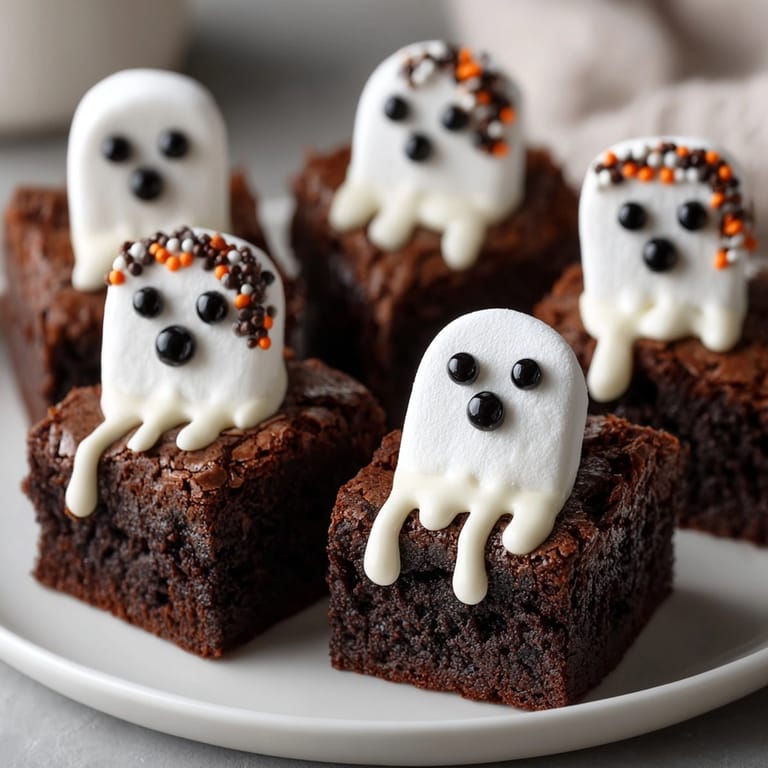 Delicious Marshmallow Ghost Brownies cooling on a wire rack before spooky decoration.