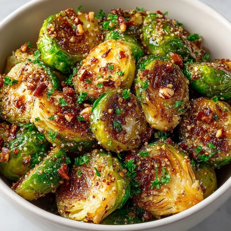 Close-up of crispy Maple Dijon Roasted Brussels Sprouts, caramelized and drizzled with glaze.