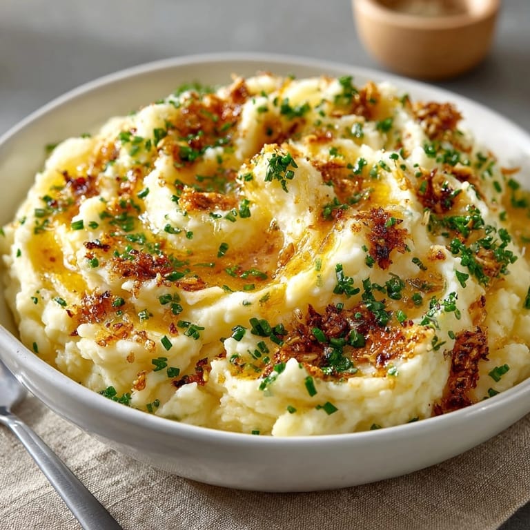 Creamy, savory Brown Butter Garlic &amp; Herb Mashed Potatoes—a comforting side dish perfection.