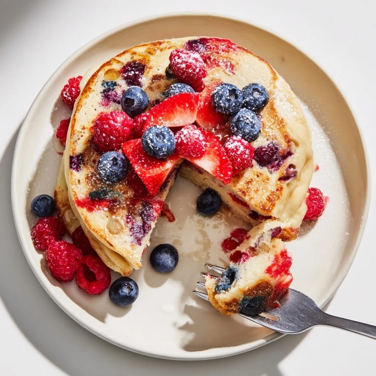 Eye-level shot of fluffy Ricotta Berry Orange Pancakes topped with fresh berries and creamy syrup.