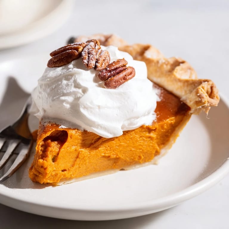 Warm and flavorful Thanksgiving Sweet Potato Miso Pie served with rich whipped cream.