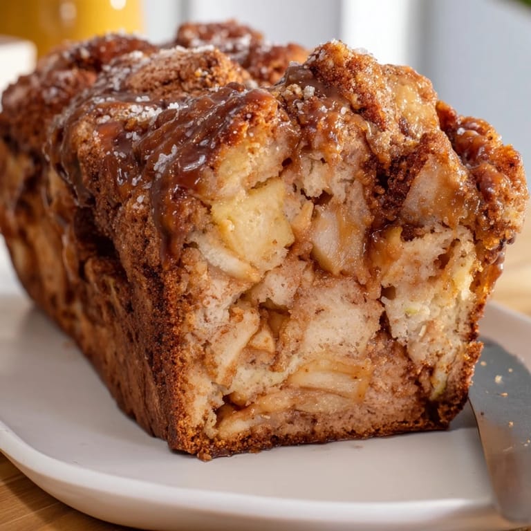Golden-brown Salted Caramel Apple Fritter Loaf; perfect for breakfast or dessert delights.