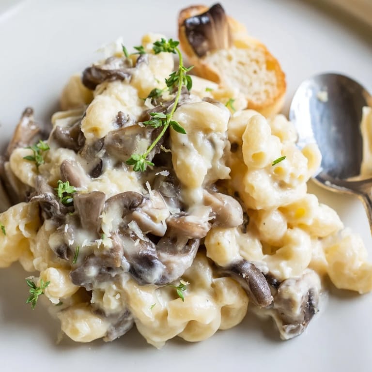 Deliciously creamy Truffled Mushroom Mac Crostini served warm, ideal for elegant gatherings.  