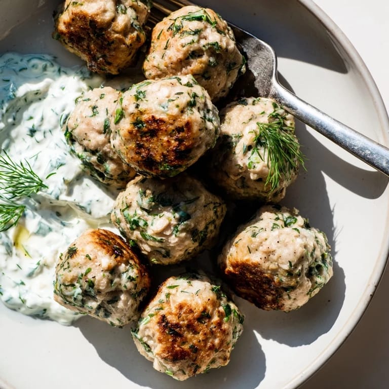 Golden brown chicken meatballs infused with herbs, perfect for a light dinner.  