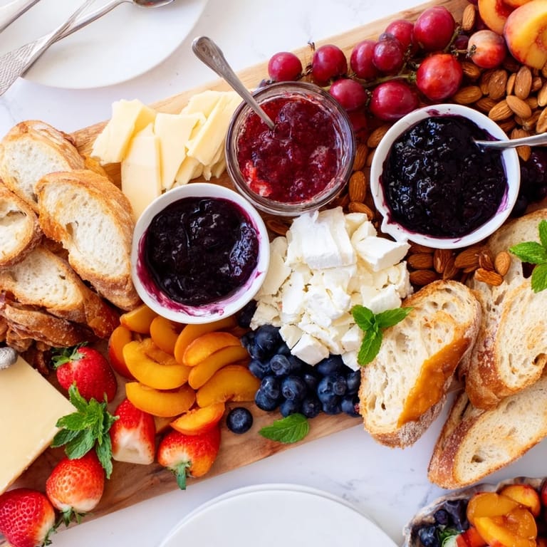 Delectable jam-infused brunch board featuring artisan bread and vibrant fruit clusters.  