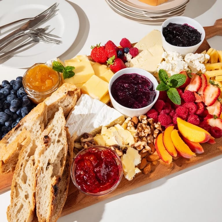 Elegant jam-infused brunch board showcasing sweet jams and creamy cheeses for sharing.