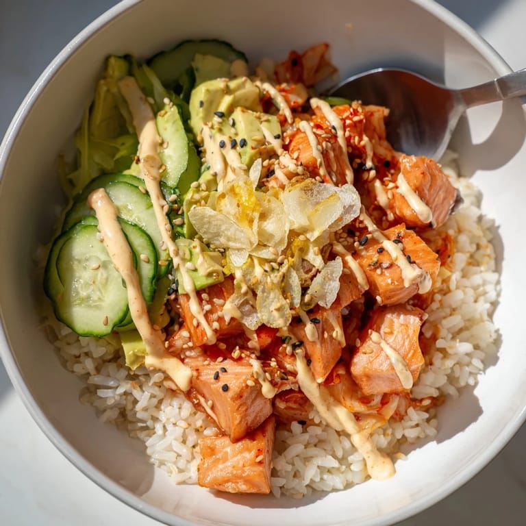 Vibrant crispy salmon rice bowl garnished with kimchi, scallions, and zesty sesame mayo.