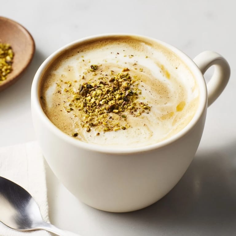 A deliciously frothy pistachio milk latte with a nutty aroma and delightful garnish.  