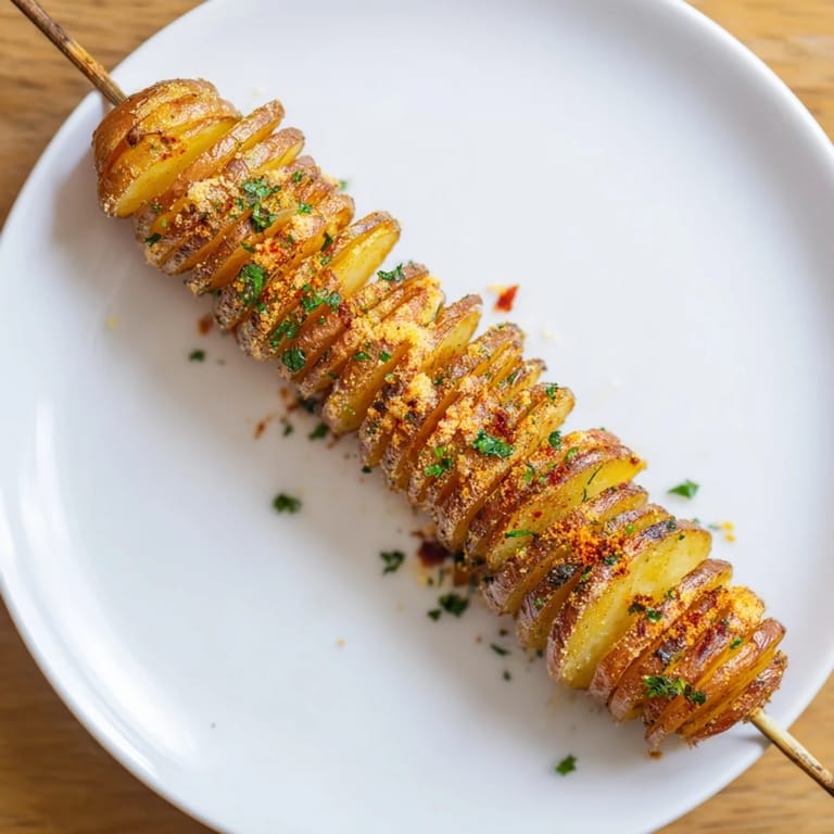 Golden spiral-cut potatoes seasoned with garlic and paprika, perfect for dipping.  