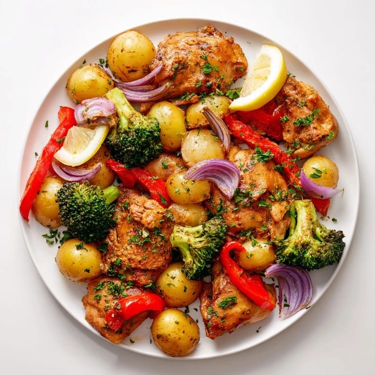 Aromatic Lazy Gourmet Chicken & Vegetable One-Pot served with fresh parsley and lemon.