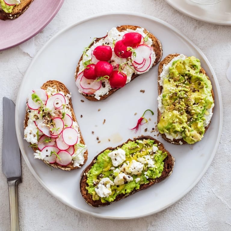 Spectacular breakfast toasts featuring ube spread, avocado, and fresh garnishes for a delightful morning.  