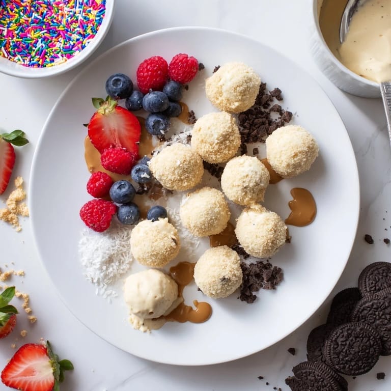 Irresistible cheesecake bites on a platter, surrounded by fresh fruit and sauces.  