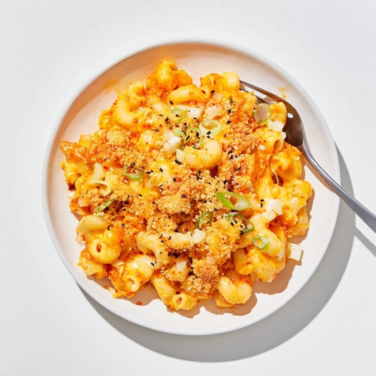 Baked Spicy Kimchi Mac & Cheese with melty cheeses and tangy kimchi, a fusion delight.