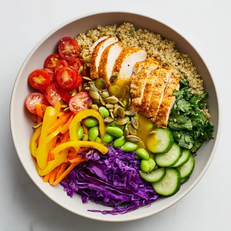 Delicious healthy meal-prep bowls showcasing layered chicken, quinoa, and fresh vegetables.  