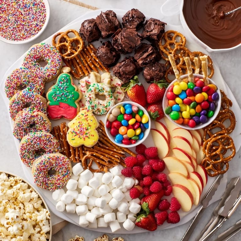 Indulge in a delectable dessert board with cookies, candies, and fresh fruits.
