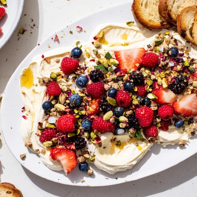 Indulge in this butter board dessert topped with vibrant fruits and sweet drizzles.