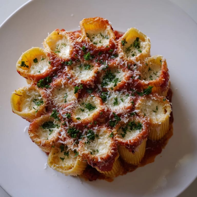 Golden-brown Honeycomb Pasta Cake topped with gooey cheese and fresh parsley garnishes.  