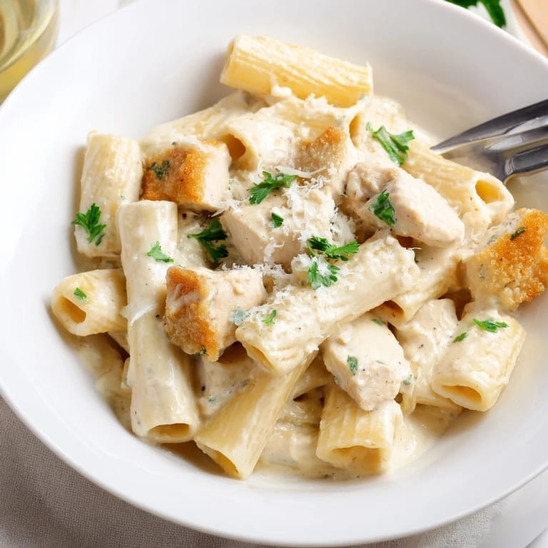 A rustic plate of Creamy Garlic Parmesan Chicken Rigatoni in a rich sauce.