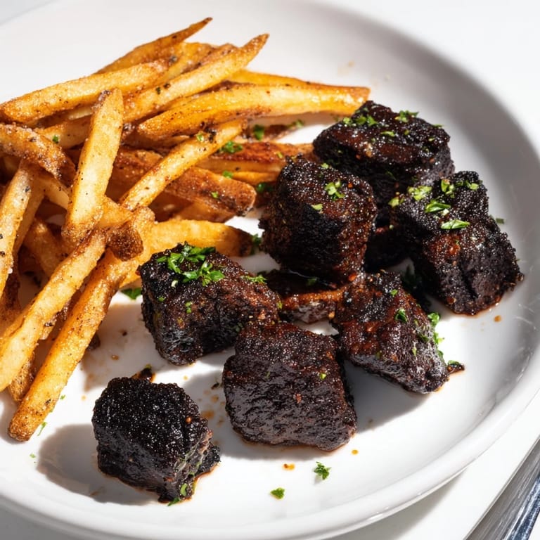 Flavorful blackened Cajun steak bites garnished with parsley and crispy fries.