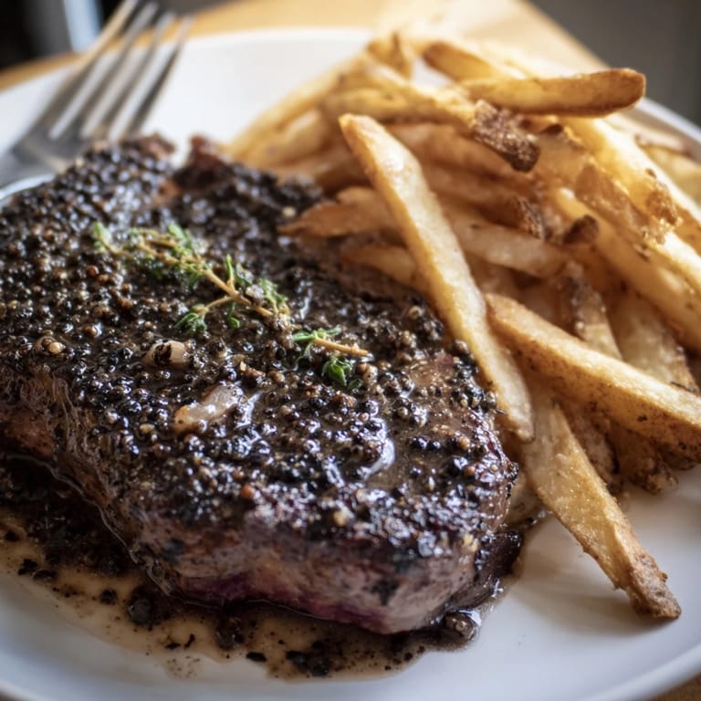 Indulgent Classic Peppercorn Ribeye topped with rich sauce and paired with fries.