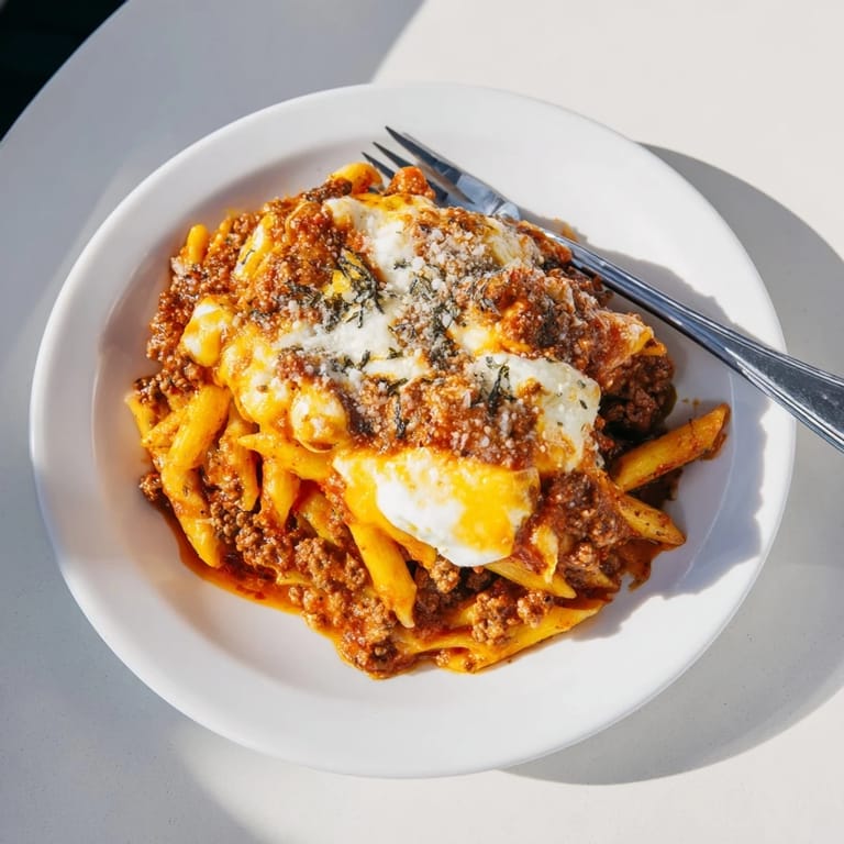 Comforting Cheesy Beef & Penne Bake, perfect for cozy family dinners and gatherings.  