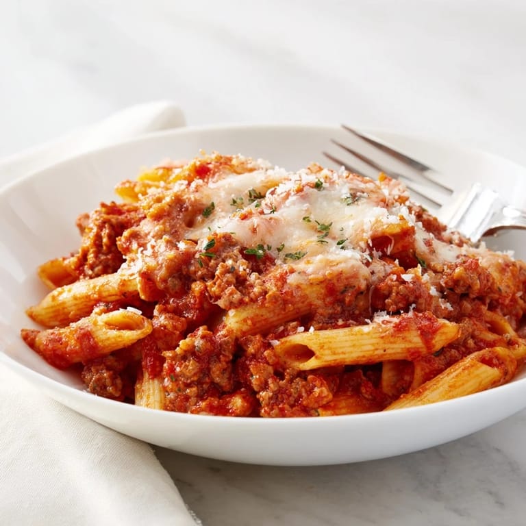 Savory Cheesy Beef & Penne Bake, featuring tender pasta and a rich tomato sauce.