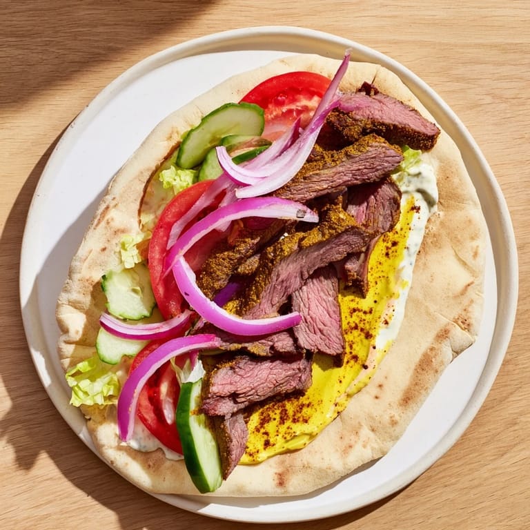 A close-up of a delicious beef shawarma wrap, ready to eat with a beautiful swirl of sauce.