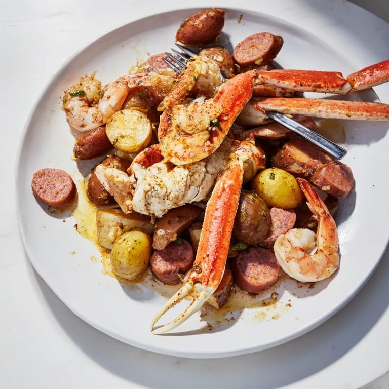 Vibrant image of a freshly prepared seafood boil: crab, shrimp, sausage, and corn served with lemons.