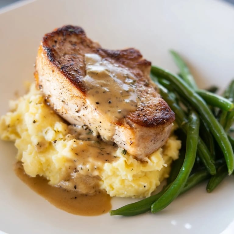 Golden, seared Pork Chops & Cheddar Mash Bowl featuring a flavorful pan gravy and green beans.