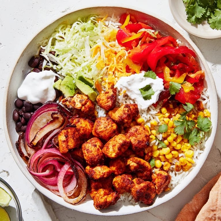 Enjoy a healthy serving of sheet pan chicken burrito bowls filled with savory seasoned chicken and a variety of fresh ingredients.