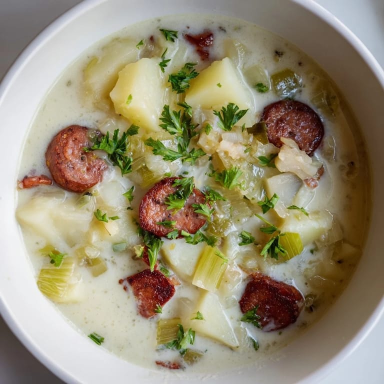 This Potato, Leek & Chorizo Soup bowl recipe shows a rich, reddish broth with tender potatoes and savory chorizo.